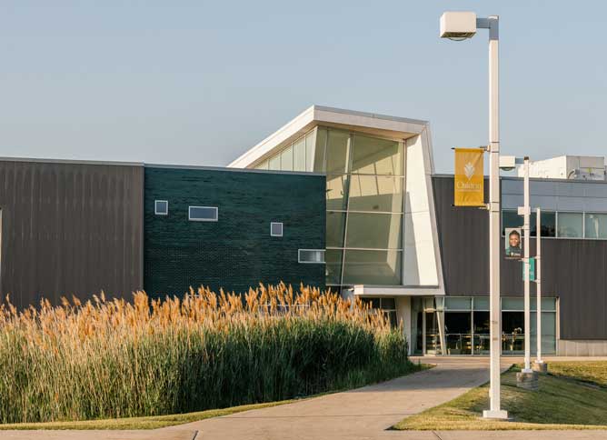 Skokie campus building in the Fall.